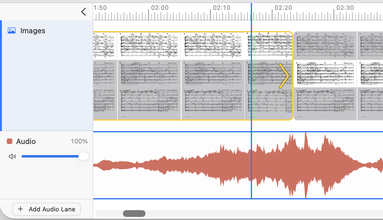 The timeline's lane gutter: an Images lane above an Audio lane, with an Add Audio Lane button beneath.